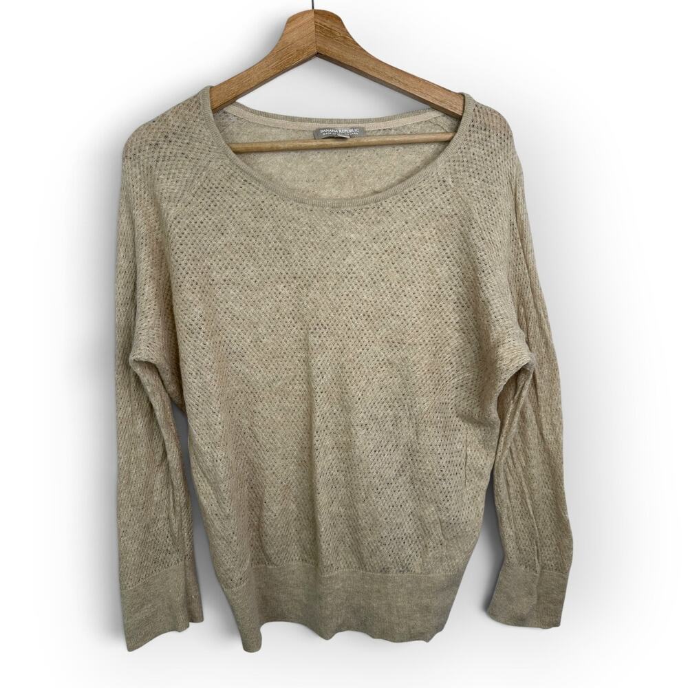 Banana Republic Women XL Tan Open Mesh Alpaca Blend Sweater Soft Neutral Preppy